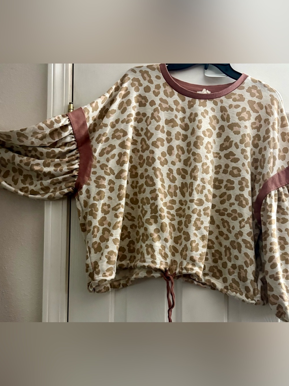 Hem & Thread Beige Leopard Print Crop Top with Rust Trim